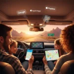 Family on US road trip using Google Maps, Mapbox, and Apple Maps apps with travel guides lwmfmaps.