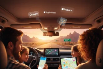 Family on US road trip using Google Maps, Mapbox, and Apple Maps apps with travel guides lwmfmaps.