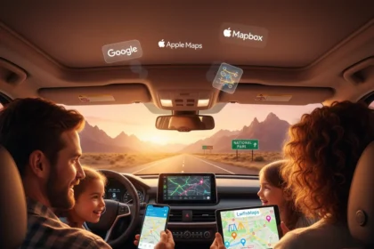 Family on US road trip using Google Maps, Mapbox, and Apple Maps apps with travel guides lwmfmaps.