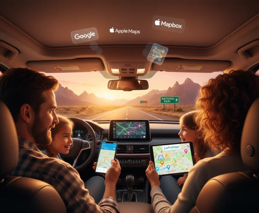 Family on US road trip using Google Maps, Mapbox, and Apple Maps apps with travel guides lwmfmaps.
