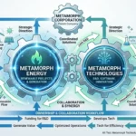 Is Metamorph Technologies a division of Metamorph Energy" diagram showing interconnected gears and flowchart arrows between the two entities in blue-green palette.