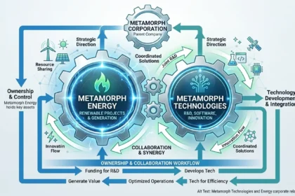 Is Metamorph Technologies a division of Metamorph Energy" diagram showing interconnected gears and flowchart arrows between the two entities in blue-green palette.