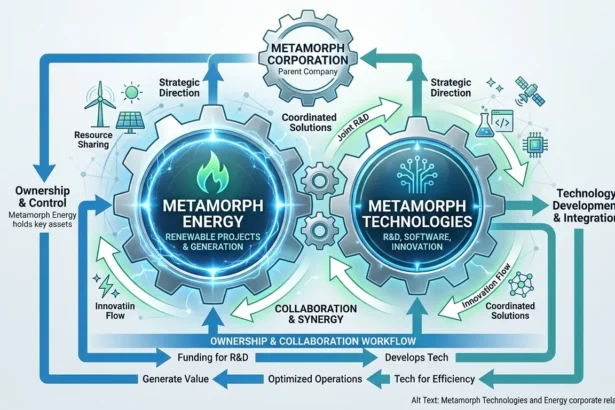 Is Metamorph Technologies a division of Metamorph Energy" diagram showing interconnected gears and flowchart arrows between the two entities in blue-green palette.