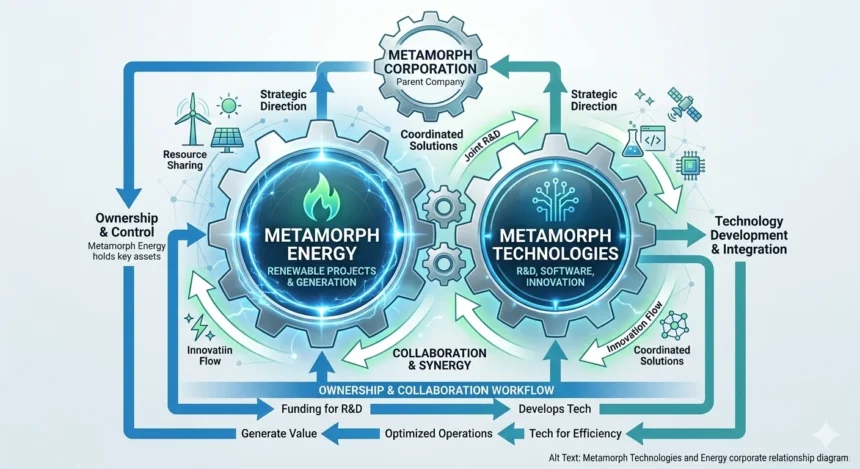 Is Metamorph Technologies a division of Metamorph Energy" diagram showing interconnected gears and flowchart arrows between the two entities in blue-green palette.