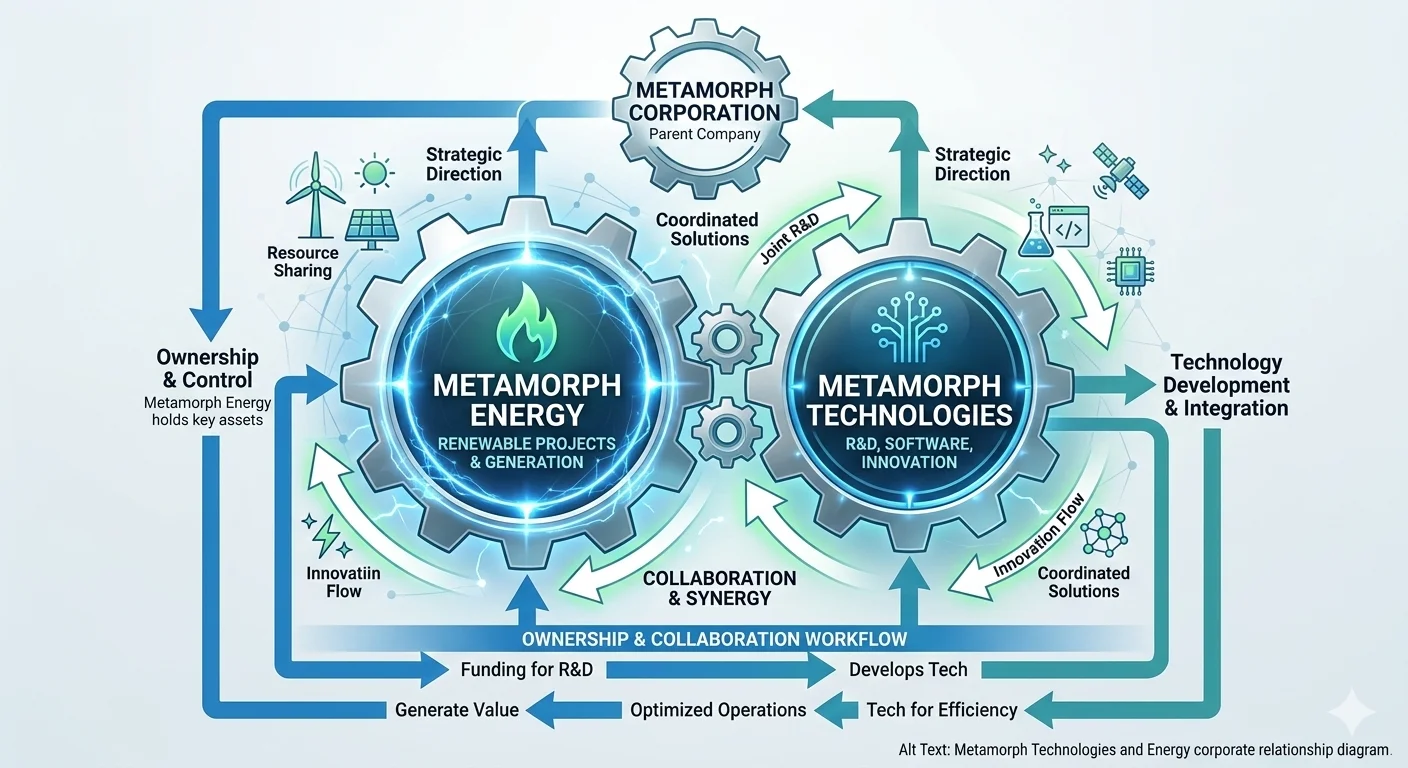 Is Metamorph Technologies a division of Metamorph Energy" diagram showing interconnected gears and flowchart arrows between the two entities in blue-green palette.