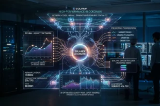 A detailed technical infographic mapping the neural network architecture, liquidity pools, and real-time data processing capabilities of the Solanex AI engine on the Solana blockchain.