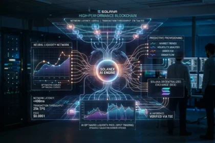 A detailed technical infographic mapping the neural network architecture, liquidity pools, and real-time data processing capabilities of the Solanex AI engine on the Solana blockchain.