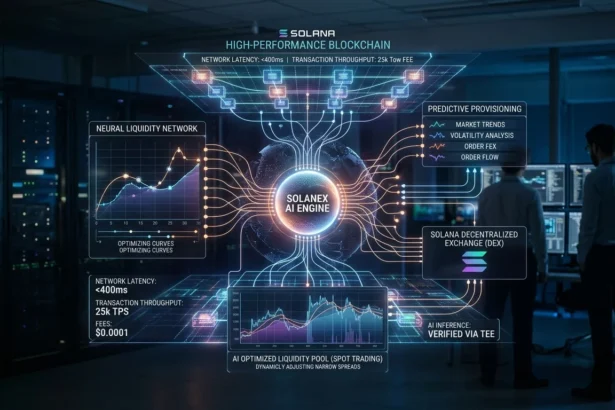 A detailed technical infographic mapping the neural network architecture, liquidity pools, and real-time data processing capabilities of the Solanex AI engine on the Solana blockchain.
