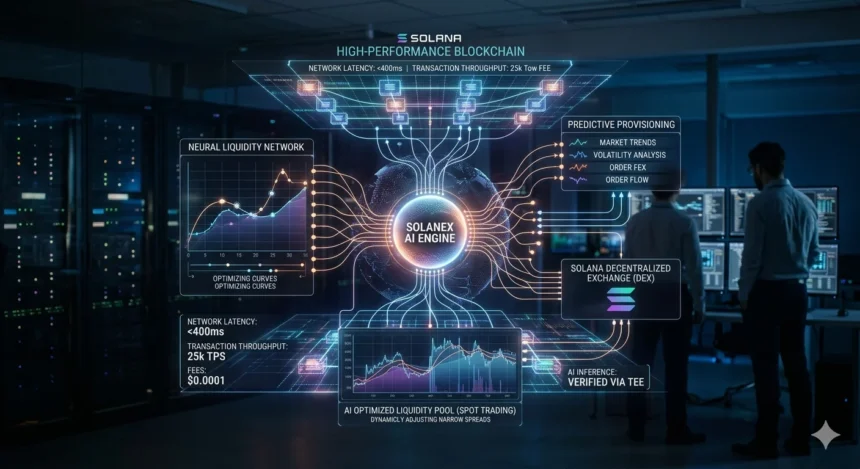 A detailed technical infographic mapping the neural network architecture, liquidity pools, and real-time data processing capabilities of the Solanex AI engine on the Solana blockchain.