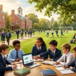 What is private school like with students in uniforms on sunny campus playing sports studying outdoors