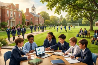 What is private school like with students in uniforms on sunny campus playing sports studying outdoors