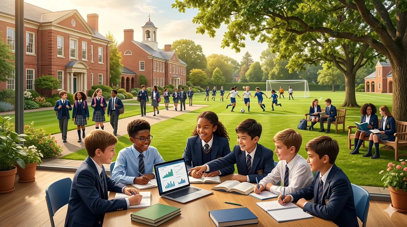 What is private school like with students in uniforms on sunny campus playing sports studying outdoors