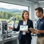Professional female consultant showing financial growth charts on a digital tablet during a business valuation hickory for a modern automated manufacturing facility in the Catawba Valley.