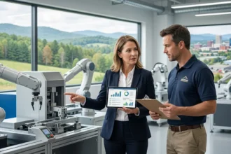 Professional female consultant showing financial growth charts on a digital tablet during a business valuation hickory for a modern automated manufacturing facility in the Catawba Valley.