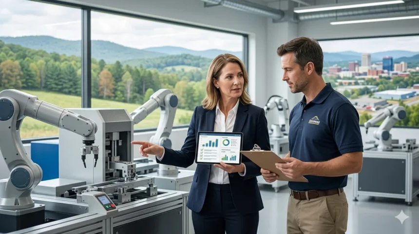 Professional female consultant showing financial growth charts on a digital tablet during a business valuation hickory for a modern automated manufacturing facility in the Catawba Valley.