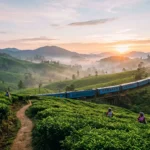 A wide-angle landscape of the lush green highlands in Sri Lanka at sunrise, featuring the iconic blue vintage train winding through emerald tea estates, a central highlight of this comprehensive ceylon travel guide.