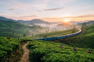 A wide-angle landscape of the lush green highlands in Sri Lanka at sunrise, featuring the iconic blue vintage train winding through emerald tea estates, a central highlight of this comprehensive ceylon travel guide.