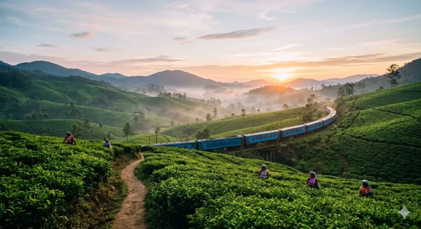 A wide-angle landscape of the lush green highlands in Sri Lanka at sunrise, featuring the iconic blue vintage train winding through emerald tea estates, a central highlight of this comprehensive ceylon travel guide.