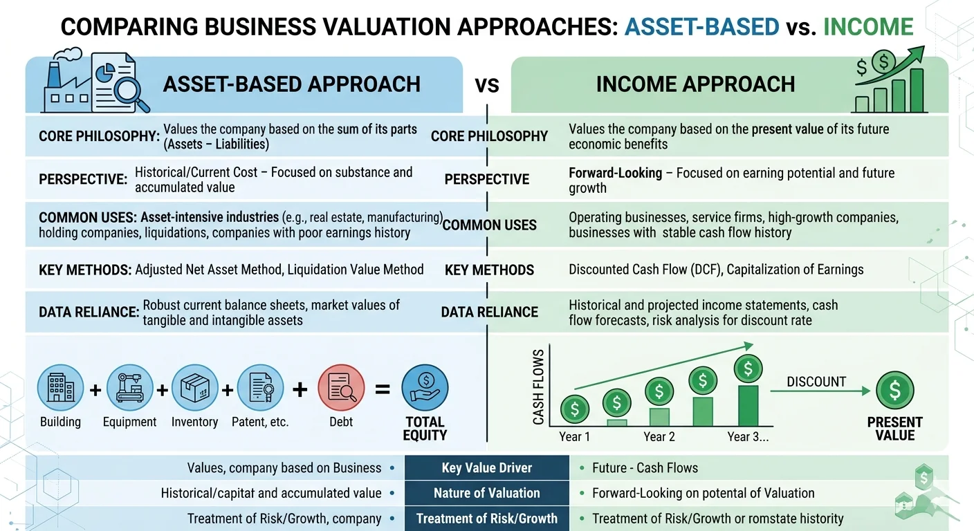 Infographic comparing asset based and income based business valuation hickory methods for manufacturing firms.