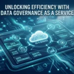 Professional digital dashboard illustrating data governance as a service with interconnected data nodes, security icons, and cloud pipelines in blue tones for enterprise efficiency.