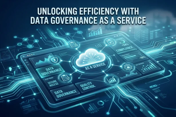 Professional digital dashboard illustrating data governance as a service with interconnected data nodes, security icons, and cloud pipelines in blue tones for enterprise efficiency.