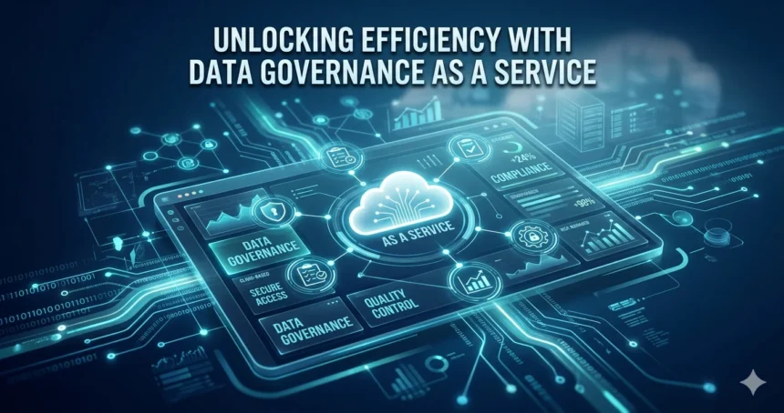 Professional digital dashboard illustrating data governance as a service with interconnected data nodes, security icons, and cloud pipelines in blue tones for enterprise efficiency.