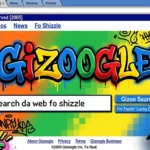 Gizoogle search engine homepage parody with graffiti logo and 2005s retro web design