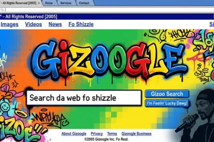 Gizoogle search engine homepage parody with graffiti logo and 2005s retro web design
