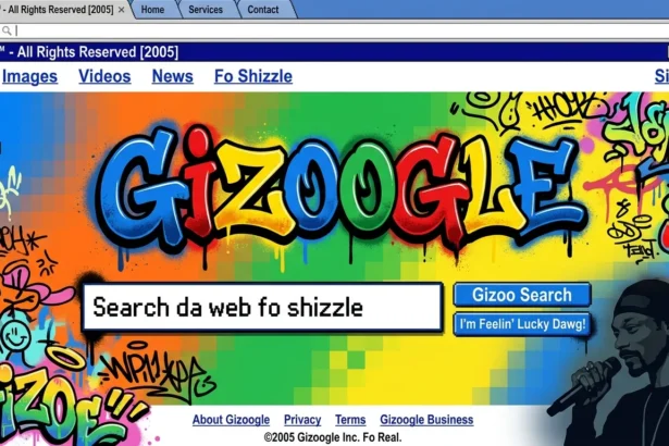 Gizoogle search engine homepage parody with graffiti logo and 2005s retro web design