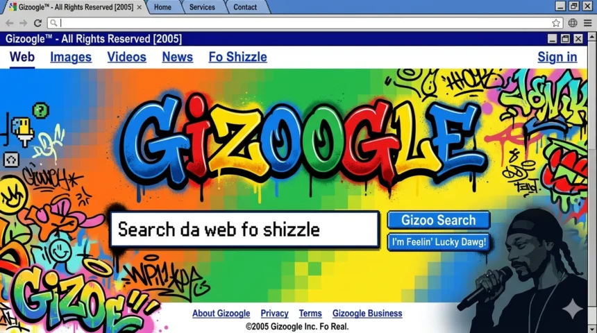 Gizoogle search engine homepage parody with graffiti logo and 2005s retro web design