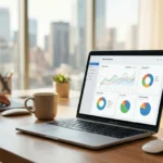 A photorealistic, cinematic shot of a laptop on a modern desk showing a data analytics dashboard, designed to help founders growth navigate startup tools in 2026 with clarity and efficiency.