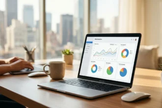 A photorealistic, cinematic shot of a laptop on a modern desk showing a data analytics dashboard, designed to help founders growth navigate startup tools in 2026 with clarity and efficiency.