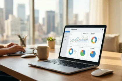 A photorealistic, cinematic shot of a laptop on a modern desk showing a data analytics dashboard, designed to help founders growth navigate startup tools in 2026 with clarity and efficiency.