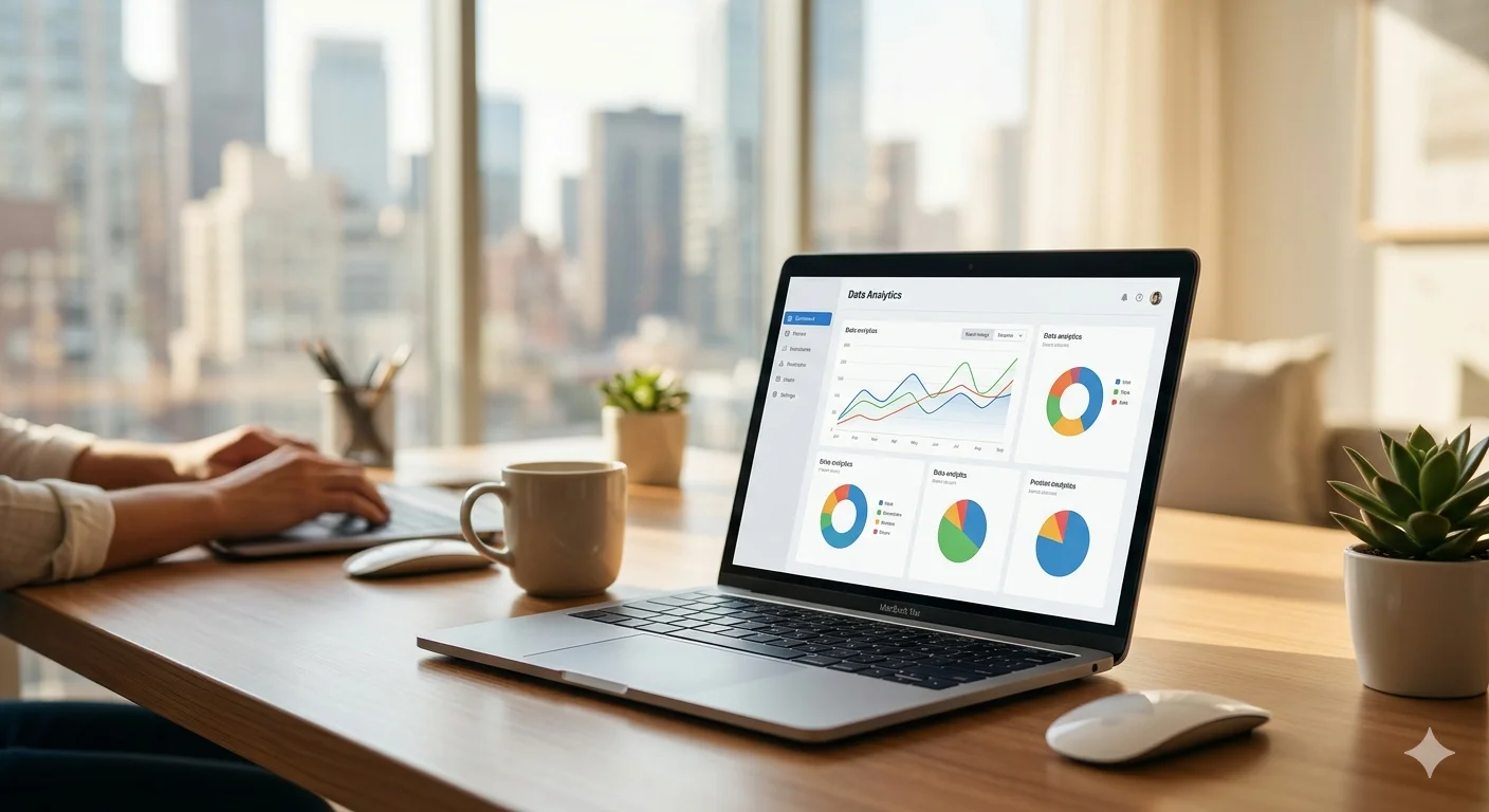 A photorealistic, cinematic shot of a laptop on a modern desk showing a data analytics dashboard, designed to help founders growth navigate startup tools in 2026 with clarity and efficiency.