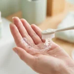 A person’s hand holding a clear plastic retainer over a bathroom sink, applying a drop of mild soap and using a soft-bristled toothbrush to demonstrate how to clean retainers safely at home.