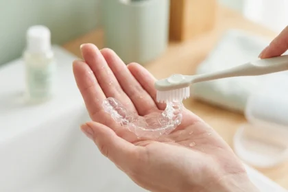 A person’s hand holding a clear plastic retainer over a bathroom sink, applying a drop of mild soap and using a soft-bristled toothbrush to demonstrate how to clean retainers safely at home.