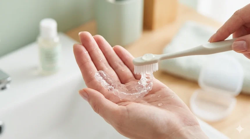 A person’s hand holding a clear plastic retainer over a bathroom sink, applying a drop of mild soap and using a soft-bristled toothbrush to demonstrate how to clean retainers safely at home.