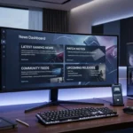 A professional and sleek gaming PC setup with an ultra-wide curved monitor displaying a "News Dashboard" UI that features columns for "LATEST GAMING NEWS," "PATCH NOTES," "COMMUNITY FEEDS," and "UPCOMING RELEASES," accompanied by a smartphone showing a "GAMING" podcast.