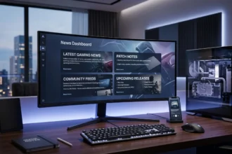 A professional and sleek gaming PC setup with an ultra-wide curved monitor displaying a "News Dashboard" UI that features columns for "LATEST GAMING NEWS," "PATCH NOTES," "COMMUNITY FEEDS," and "UPCOMING RELEASES," accompanied by a smartphone showing a "GAMING" podcast.