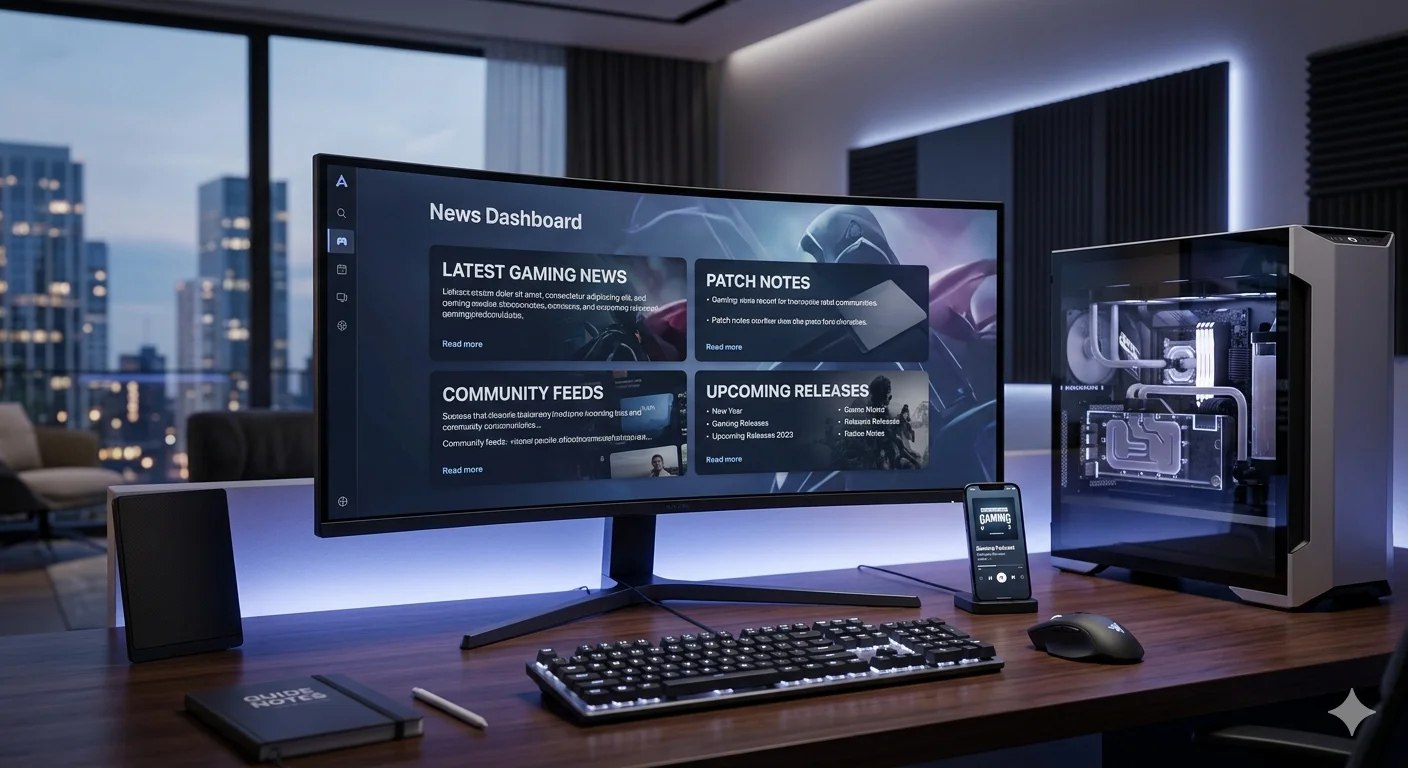 A professional and sleek gaming PC setup with an ultra-wide curved monitor displaying a "News Dashboard" UI that features columns for "LATEST GAMING NEWS," "PATCH NOTES," "COMMUNITY FEEDS," and "UPCOMING RELEASES," accompanied by a smartphone showing a "GAMING" podcast.