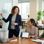 A diverse professional team in a modern office, collaborating on a whiteboard to design a process flowchart focused on establishing hr compliance for small business.