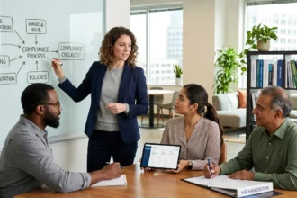 A diverse professional team in a modern office, collaborating on a whiteboard to design a process flowchart focused on establishing hr compliance for small business.