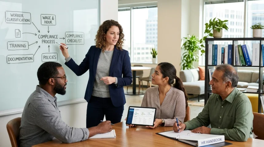 A diverse professional team in a modern office, collaborating on a whiteboard to design a process flowchart focused on establishing hr compliance for small business.