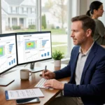 A professional editor analyzing data on dual monitors while developing a strategy for internet marketing for contractors to increase local business visibility.