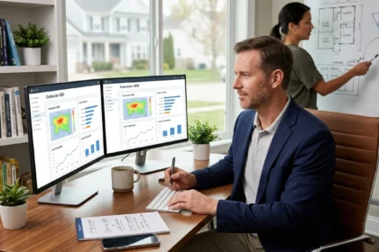 A professional editor analyzing data on dual monitors while developing a strategy for internet marketing for contractors to increase local business visibility.