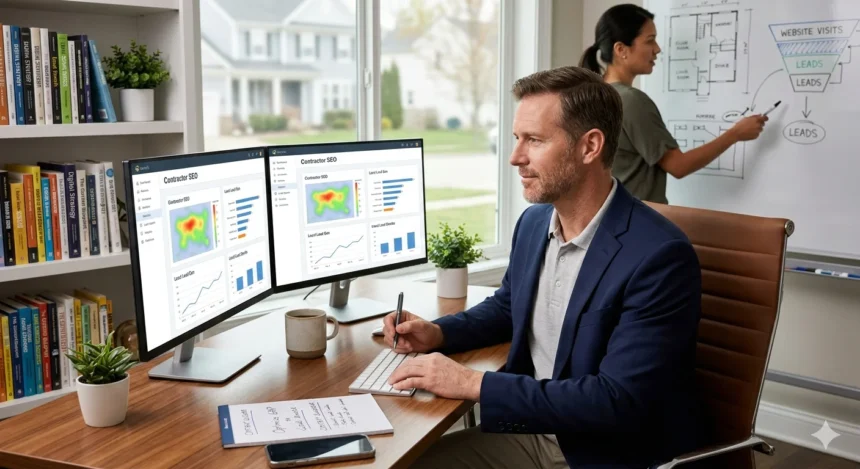 A professional editor analyzing data on dual monitors while developing a strategy for internet marketing for contractors to increase local business visibility.