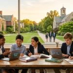 What is a private education scene showing diverse students in a modern classroom on a green campus with laptops and books