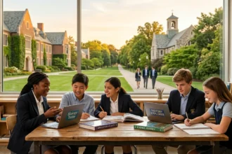 What is a private education scene showing diverse students in a modern classroom on a green campus with laptops and books