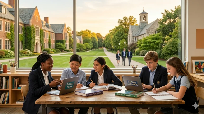 What is a private education scene showing diverse students in a modern classroom on a green campus with laptops and books