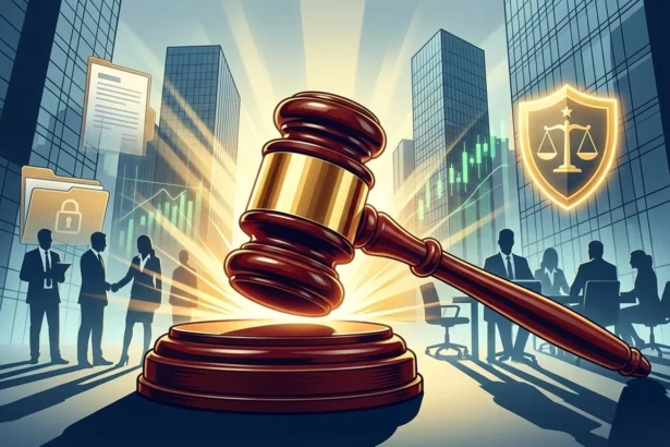 What is a TRO in business: Courtroom gavel shielding US corporate assets from legal threats in dramatic business protection scene.